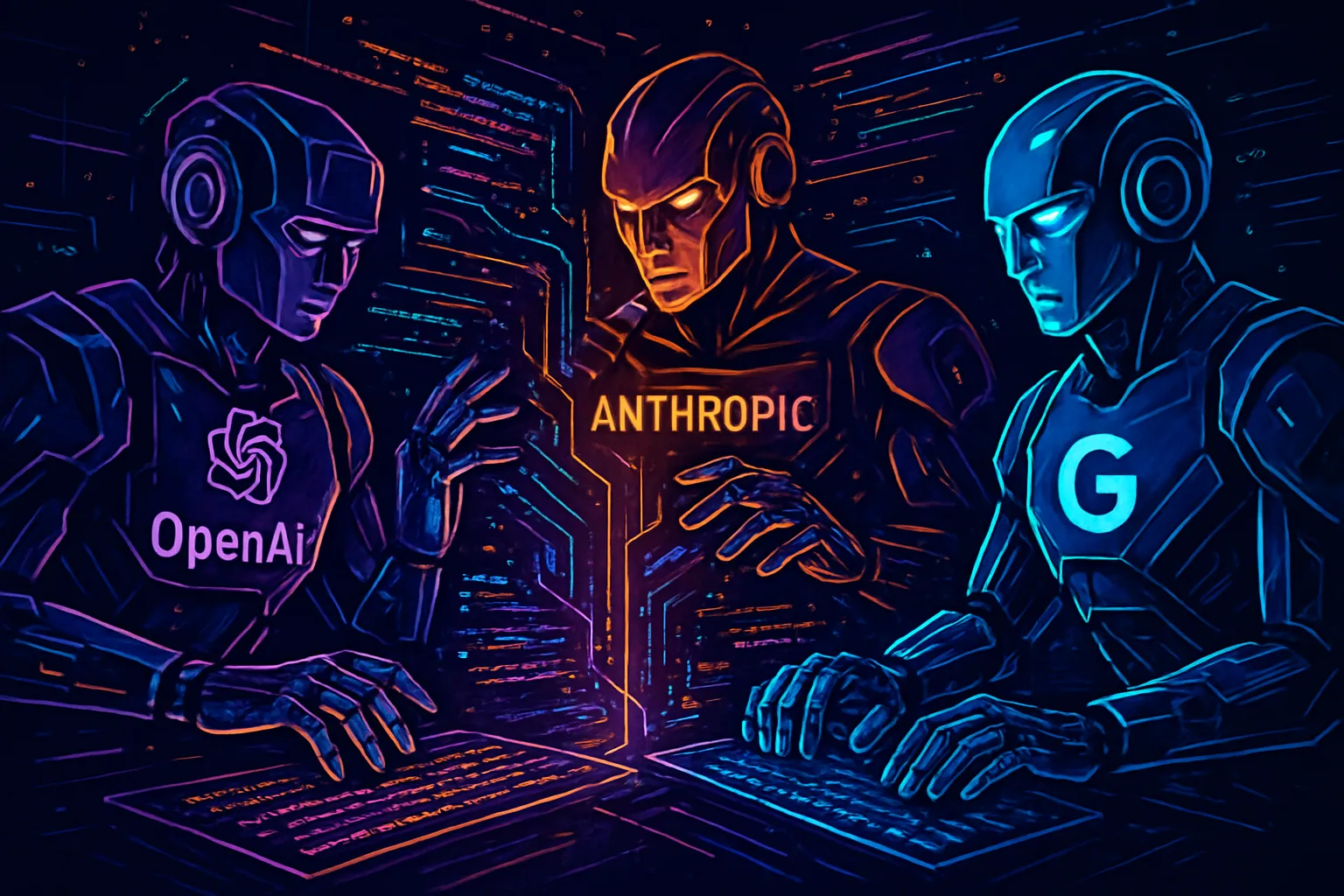 Conceptual image of the AI Coding Wars between OpenAI, Anthropic, and Google